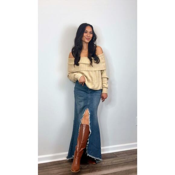 Show Me Your Mumu Reba Maxi Skirt in Open Seas Blue Size 27 Denim Fringe Hem - Picture 1 of 5